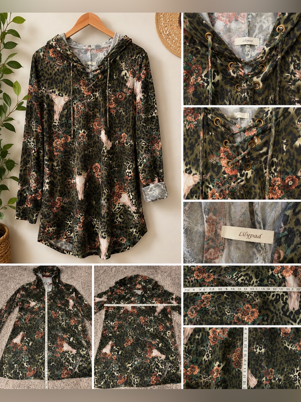 LilyPad Olive Leopard Floral Deer Hooded Tunic Top Medium